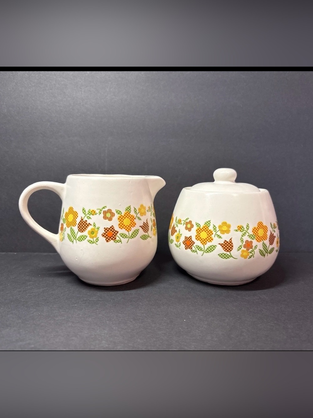 McCoy Ceramic Floral Patchwork Creamer & Sugar Set Vintage 1970s Cottage Core